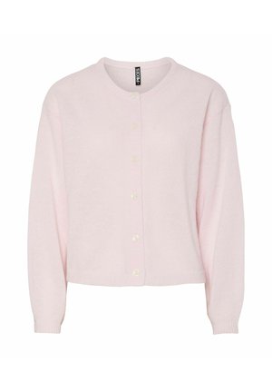 Light pink cardigan made of soft fabric, featuring a round neck, long sleeves, and six button closures with pearl-like accents.