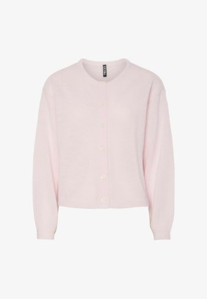 Heled roosa kardigan pehmest kangast, millel on ümar kaelus, pikad varrukad ja kuus nööpi, millel on pärlitaolised aktsendid.