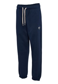 Marineblå joggingbukser med elastisk talje og manchetter, hvid snor, sidelommer og lille broderet logo på højre lår.