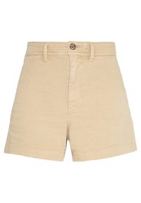 Beige high-waist shorts with button closure, belt loops, and front pockets, made of sturdy fabric.