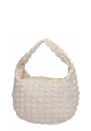 Quilted white fabric bag with soft, rounded edges, a textured surface featuring small squares, and a curved handle.