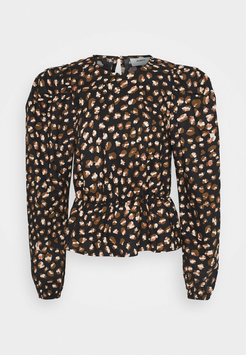 Blouse noire à manches longues avec taches léopard abstraites marron et blanches, taille élastique, épaules bouffantes et fermeture à bouton en forme de trou de serrure au dos.