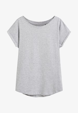 T-shirt grigio a maniche corte con scollatura rotonda e orlo leggermente curvato. Realizzato in tessuto morbido e leggero. Texture liscia, dettagli minimi.