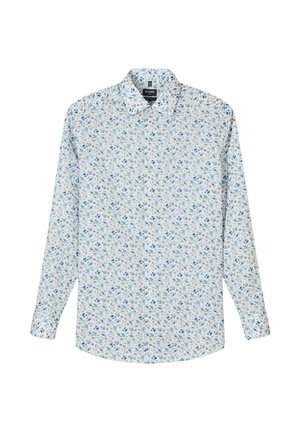 Chemise à manches longues boutonnée, base blanche avec un petit motif floral bleu et rose, avec col classique.