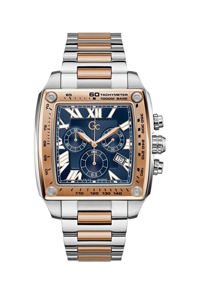 Orologio in acciaio inossidabile color argento e oro rosa con cassa rettangolare, quadrante blu, numeri romani, tre sottoquadranti e finestra della data.