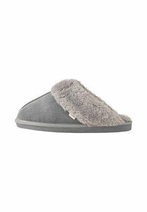 Grå ruskind slip-on hjemmesko med tyk blød grå imiteret pelsforing og sålkant, designet til indendørs komfort.