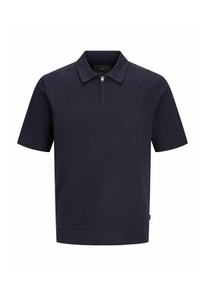 Polo bleu marine à manches courtes avec une fermeture éclair au col et une finition en tissu texturé.