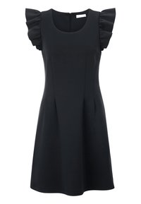 Vestido negro con mangas cortas acampanadas, escote redondo y cierre con cremallera en la parte posterior. Presenta un cuerpo ajustado y una falda acampanada.