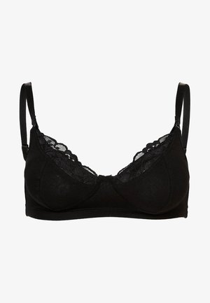 Schwarzer BH aus weichem Stoff, mit dreieckigen Cups und Spitzenbesatz entlang der Oberkante. Verfügt über verstellbare Träger und ein nahtloses Design.