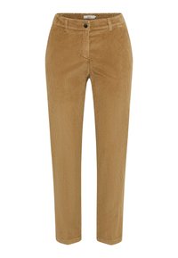 Pantalon en velours côtelé de couleur sable, avec une coupe slim, des jambes droites, cinq poches, et une fermeture à boutons traditionnelle avec passants pour ceinture.