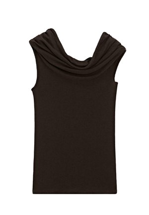 Haut sans manches marron foncé avec un col drapé et une texture lisse, conçu dans une silhouette ajustée et un style minimaliste.