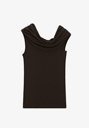 Haut sans manches marron foncé avec un col drapé et une texture lisse, conçu dans une silhouette ajustée et un style minimaliste.