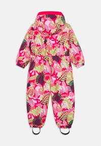 Ένα πολύχρωμο ροζ χιτώνιο με τροπικά μοτίβα φύλλων σε πράσινο και μαύρο. Περιλαμβάνει κουκούλα, ελαστικές μανσέτες και ιμάντες για τα πόδια για ασφαλή εφαρμογή.