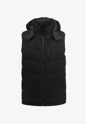 Zwarte gewatteerde vest met een capuchon en ritssluiting, voorzien van een ritszak aan de voorkant en een chevron-quiltpatroon voor isolatie.