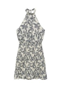 Halterkleid mit tailliertem Schnitt, aus einem weißen Stoff mit marineblauen Blumenprints und einem rüschenden Saum.