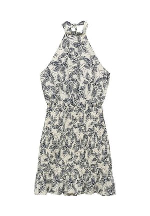 Rochie cu guler halter, cu talie strânsă, realizată dintr-un material alb decorat cu imprimeuri florale bleumarin și o margine cu volane.