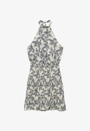 Halterin kaula-aukko, tiukasti istuva vyötärö, valkoisesta kankaasta, jossa on tummansinisiä kukkakuoseja ja röyhelöhelma.