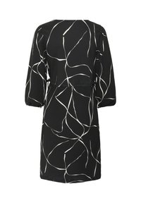 Robe noire avec des lignes abstraites blanches, présentant des manches longues, une taille cintrée et un tissu texturé. La vue de dos affiche un col arrondi.