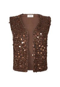 Bruine mouwloze textielvest versierd met glinsterende pailletten, met een open voorkant en een label aan de binnenkant van de hals.