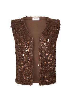 Brown sleeveless textile vest decorated with shiny sequins, featuring an open front and a label inside the neckline.