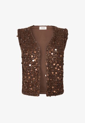Brown sleeveless textile vest decorated with shiny sequins, featuring an open front and a label inside the neckline.