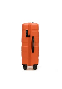 Orange hardshell suitcase with a textured surface, rectangular shape, black zippers, wheels, and a combination lock for security.