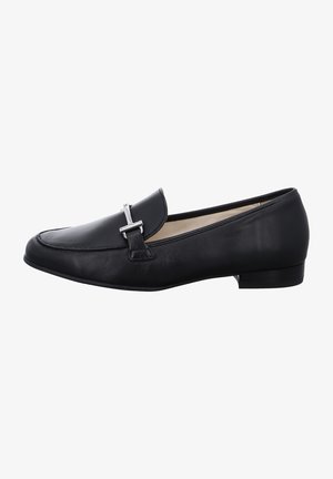 Black leather loafer with a rounded toe, decorative silver hardware, low stacked heel, and stitched detailing along the edges.