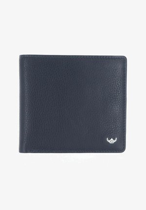 Portefeuille pliant noir en cuir texturé avec petit logo taureau argenté dans le coin inférieur droit, présenté fermé sur un fond blanc.