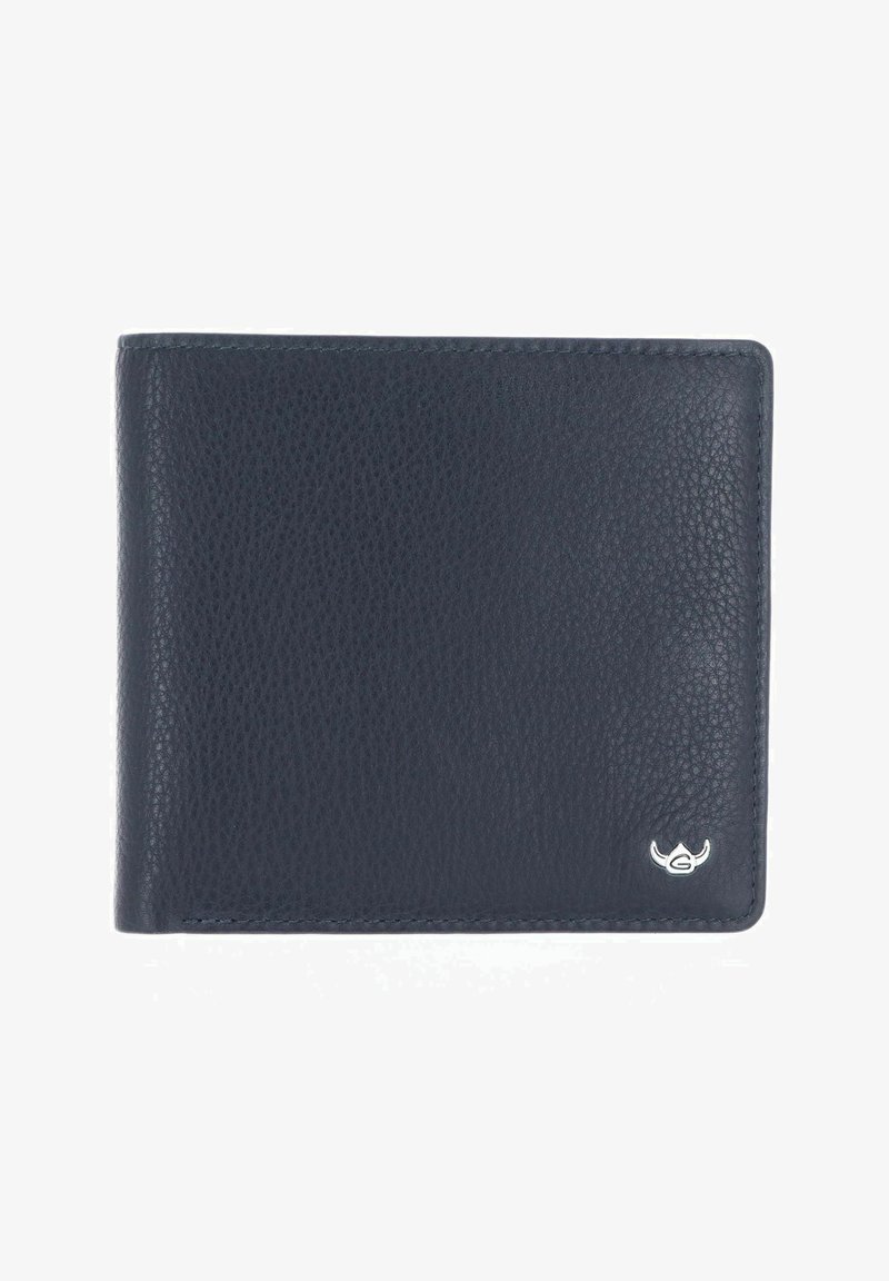 Portefeuille pliant noir en cuir texturé avec petit logo taureau argenté dans le coin inférieur droit, présenté fermé sur un fond blanc.