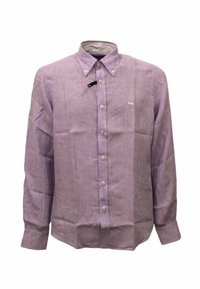 Camicia a maniche lunghe di colore lilla, con bottoni e un piccolo logo, colletto all'italiana e tessuto testurizzato. Presenta bottoni bianchi e un orlo dritto.