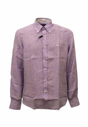Camicia a maniche lunghe di colore lilla, con bottoni e un piccolo logo, colletto all'italiana e tessuto testurizzato. Presenta bottoni bianchi e un orlo dritto.