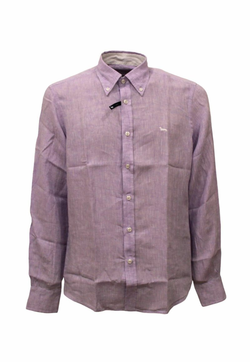 Camicia a maniche lunghe di colore lilla, con bottoni e un piccolo logo, colletto all'italiana e tessuto testurizzato. Presenta bottoni bianchi e un orlo dritto.