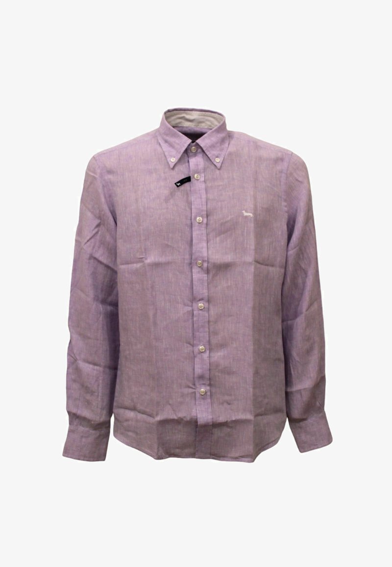 Camicia a maniche lunghe di colore lilla, con bottoni e un piccolo logo, colletto all'italiana e tessuto testurizzato. Presenta bottoni bianchi e un orlo dritto.