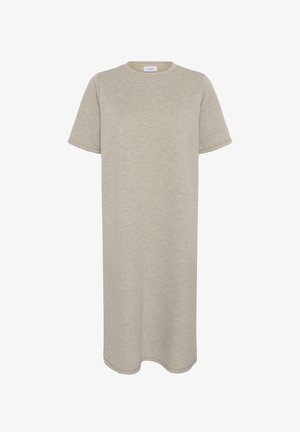 Světle béžové, volně střižené tričkové šaty vyrobené z měkké tkaniny. Kružkový výstřih, krátké rukávy, rovný spodní lem s jemnou texturou. Bez vzorů a zdobení.