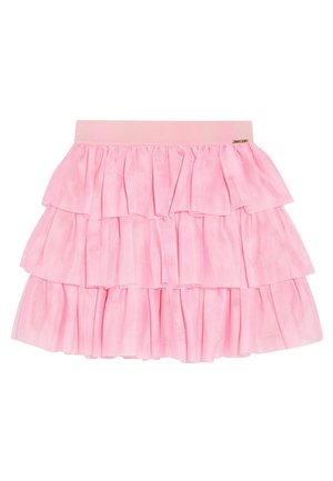 Lagdelt pink nederdel med en ruffles design, elastisk talje og blød, gennemsigtig tekstur, der har tre lag af flæser.
