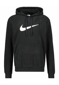 Schwarzer Hoodie aus weichem Material mit Kängurutasche, featuring ein großes weißes Nike-Logo auf der Brust und einer Kapuze mit Kordelzug.