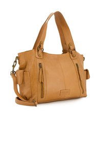 Tansfarbene Lederhandtasche mit zwei oberen Griffen und einem abnehmbaren Schultergurt. Verfügt über zwei mit Reißverschluss gesicherte Fächer auf der Vorderseite und hat eine strukturierte Oberfläche.