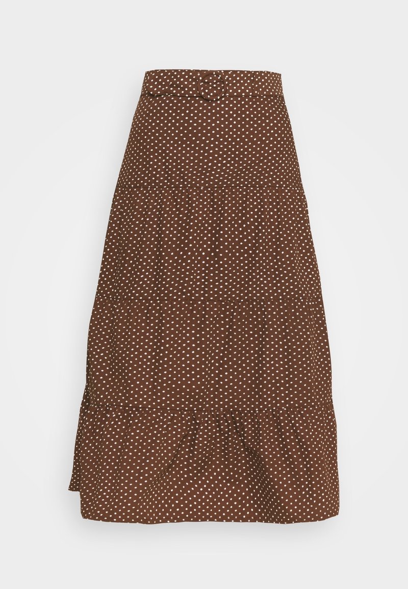 Brun lagdelt midi-nederdel med hvide polkaprikker og et matchende bælte med rund spænde i taljen.