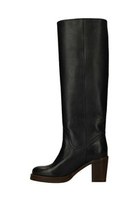 Knee-high black leather boot with a rounded toe, heel detailing, and a smooth texture, featuring a stacked wooden heel.