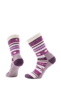Lilla mønstrede sokker med en ribbet kremfarvet kant. Har geometriske og blomsterdesigns, med kontrasterende hæl og tå i en mørkere lilla.