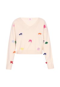 Maglione a V in crema con maniche lunghe, caratterizzato da accenti a fiocco colorati in diverse tonalità. Texture morbida, vestibilità corta con orlo a coste.