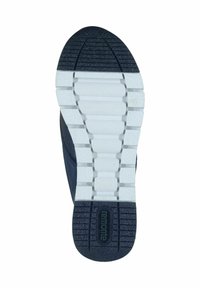 Suola di scarpa navy in gomma nera testurizzata con battistrada bianco sagomato, caratterizzata da un logo rettangolare e le taglie indicate sul lato.