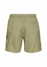 Khaki cargoshorts van lichtgewicht stof, met een elastische tailleband, zijzak en achterzak met rits voor opslag.