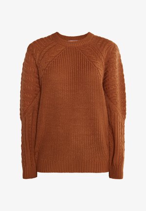 Struktureret brun striktrøje med rund halsudskæring, kabelstrik detaljer på ærmerne samt ribbede kantninger og manchetter.