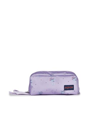 Lavendelkleurige Jansport etui met kleine bloemenprints en een polsbandje, getoond tegen een witte achtergrond.