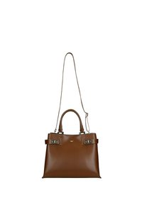Hnědá kožená kabelka s dvěma uchy a odnímatelným ramenním popruhem. Má kovové akcenty a hladký, strukturovaný design.