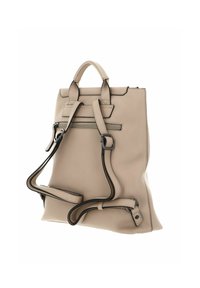 Beige leather backpack with two top handles and adjustable straps. Features a zipper pocket and contrasting black stitching along edges.