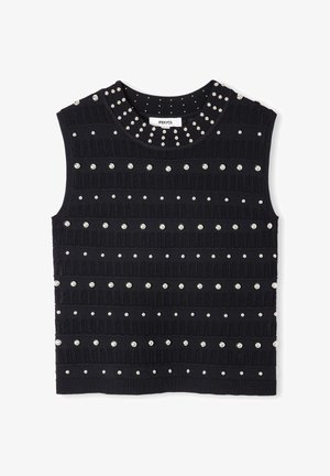 Black knitted sleeveless top featuring horizontal ribbed texture, embellished with silver studs and a round neckline.