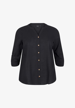 Black button-up shirt with a V-neck, three-quarter sleeves, and wooden button accents. Made of lightweight, textured fabric.