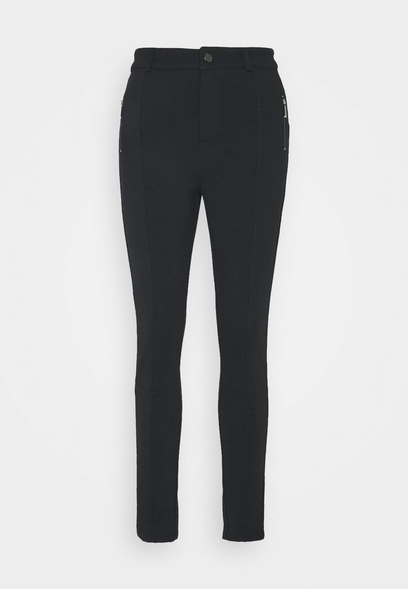 Pantaloni neri aderenti realizzati in un tessuto elasticizzato, dotati di una tasca con zip, taglio dritto e design senza cuciture lungo i fianchi.